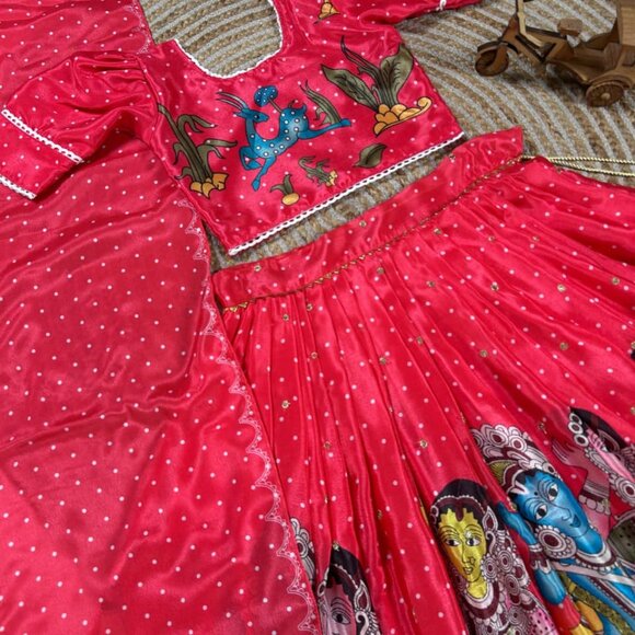 Kalam Kari Printed &  Embroidered Girl's Lehenga - Picture 8 of 12